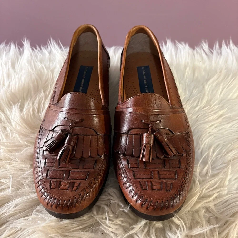 Giorgio Brutini Loafers Mens 9 Brown Excellent Woven Kiltie Tassel Leather Shoes